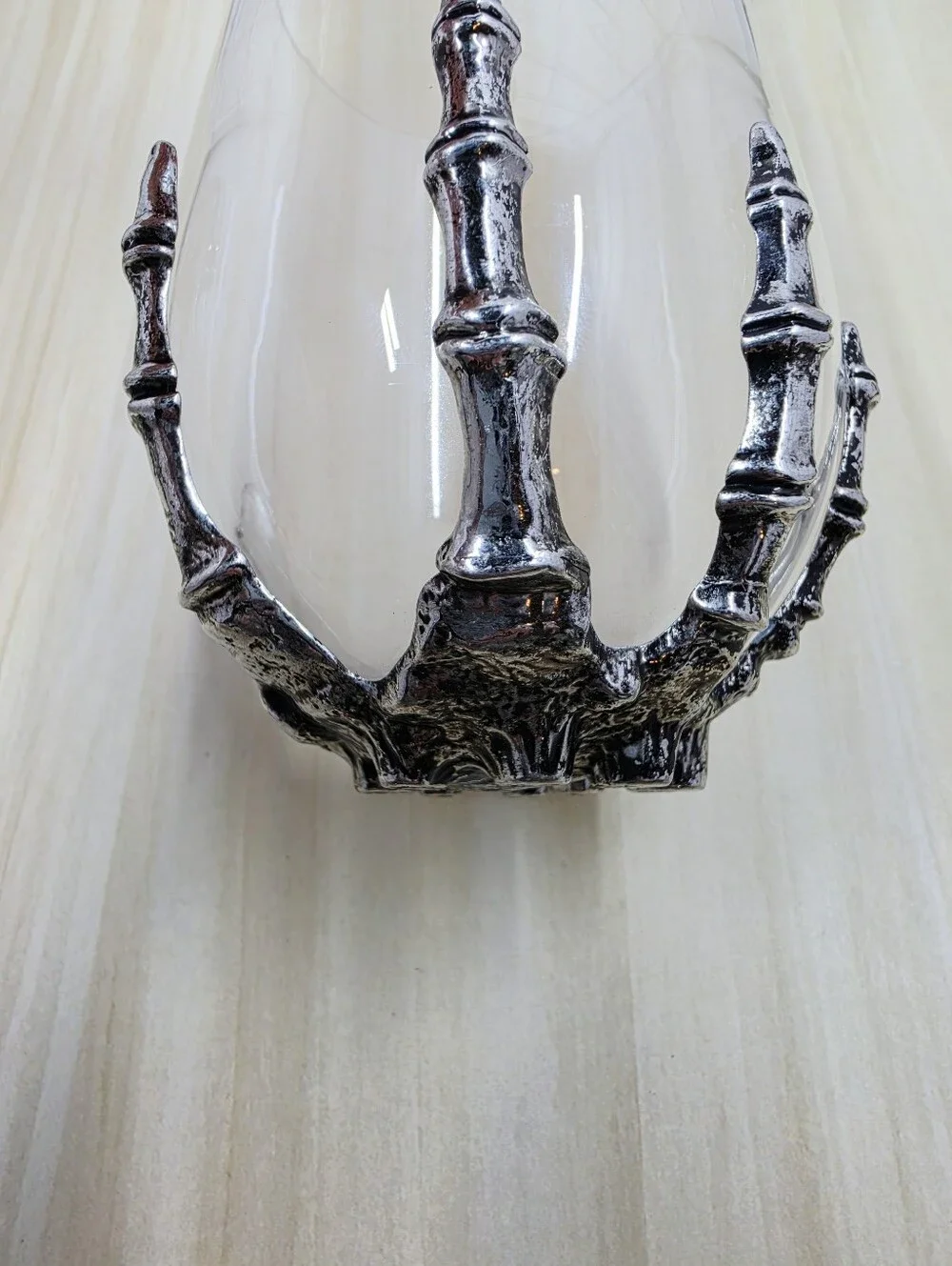 Pottery Barn Silver Skeleton Stemless Wine Glass Hand Blown Halloween 14oz